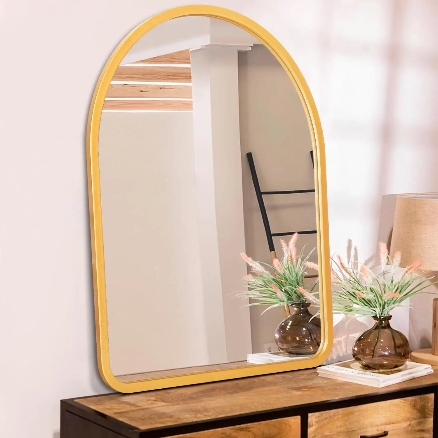 Modern home decoration bamboo wooden frame arched hanging wall mirror