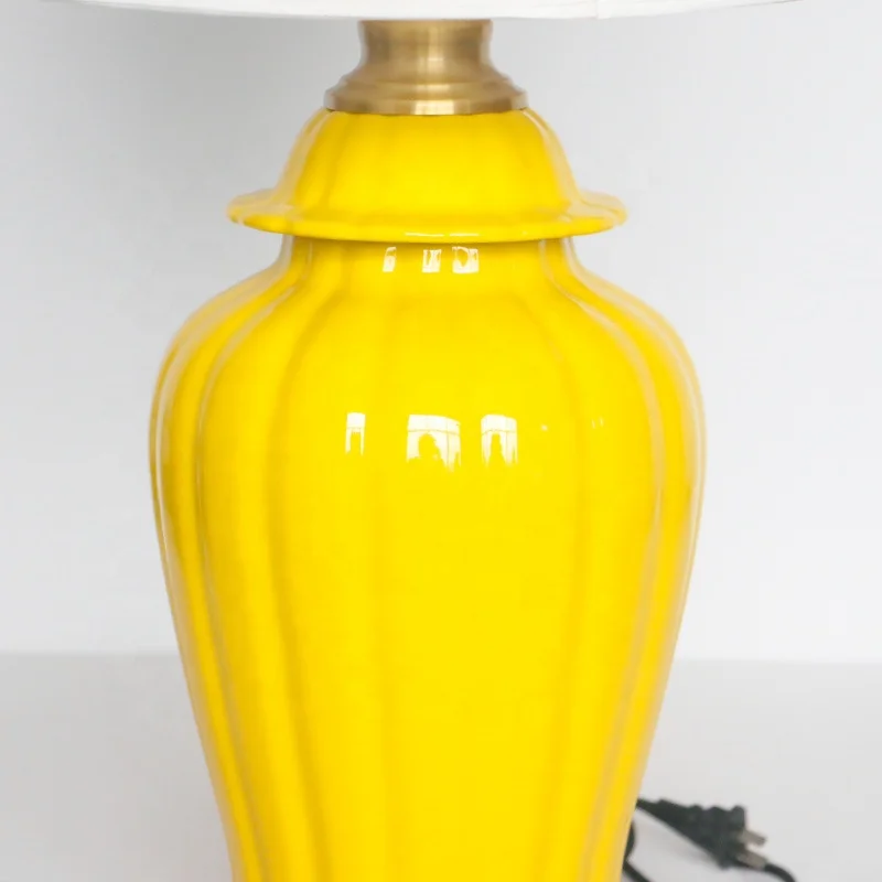 Chinese yellow temple jar ceramic table lamp with fabric shade hotel bedside table lamps decoration