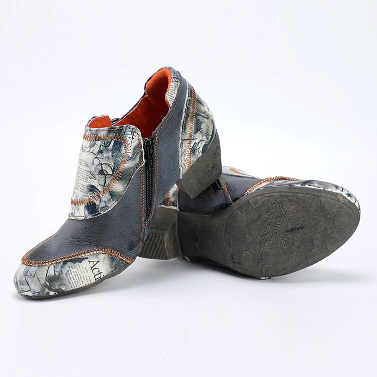 Женские ковбойские ботинки с винтажным принтом, Прошитые вручную, с пряжкой на ремешке и низким каблуком, резиновые сапоги на платформе, повседневная обувь из ЭВА