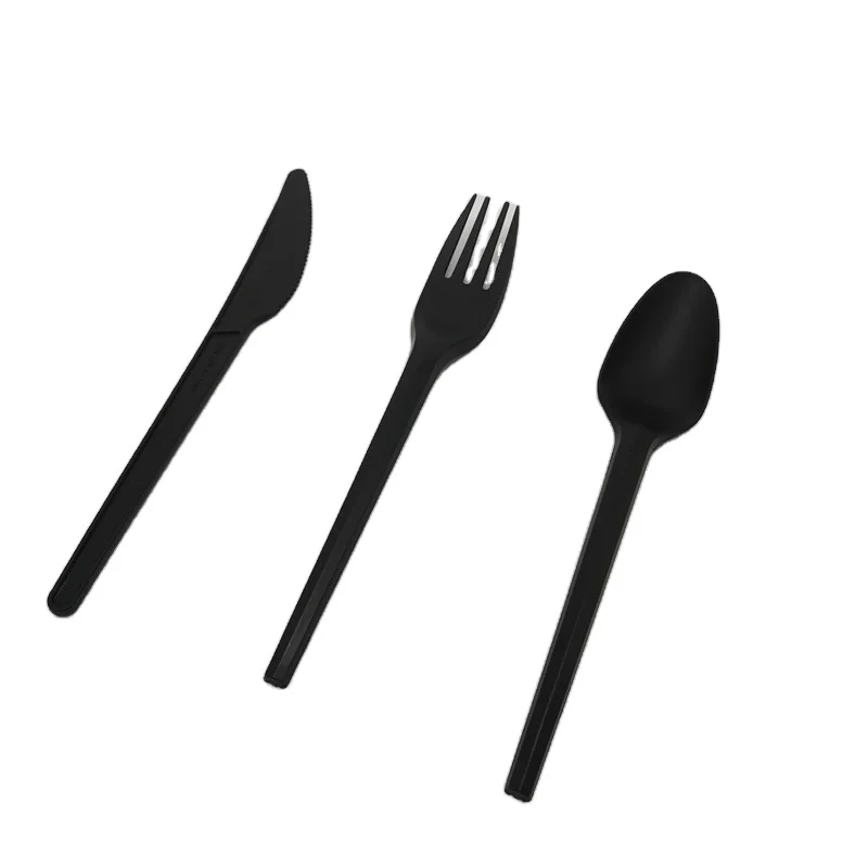 CPLA 6' inch 16cm knife fork spoon cutlery set black white color custom disposable biodegradable eco-friendly cutlery