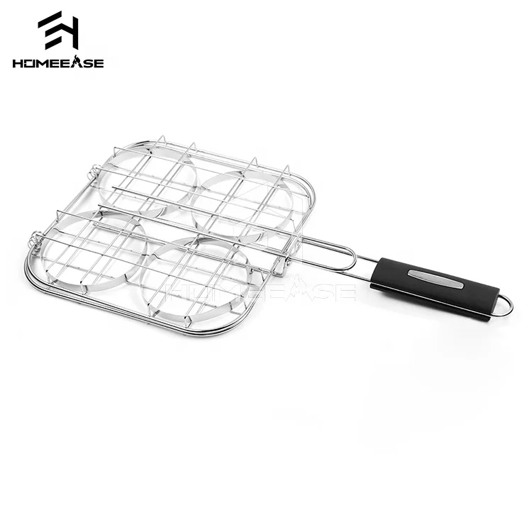 
bbq accessories non stick 4 burger long handle rubber outdoor locking hamburger grilling basket 