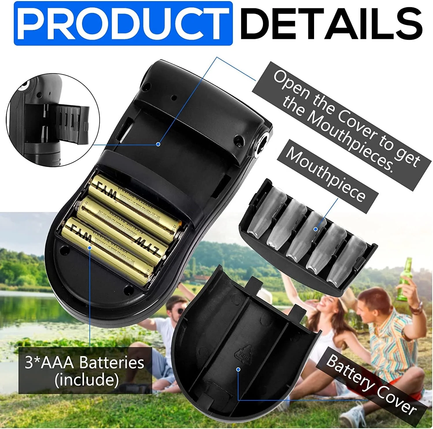 High Precision Alcohol Tester Portable LCD Breathalyzer 5 Nozzles Breath Tester with 3*AAA Batteries with Auto-off Power Remind