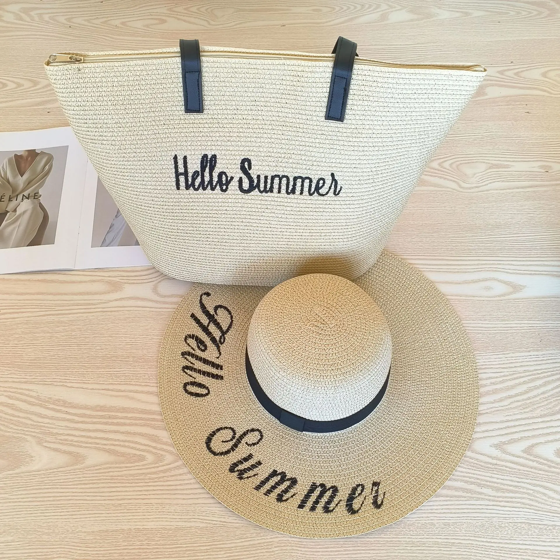 Wholesale Letter Embroidery Ladies Large Straw Hat Bag Set Summer Vacation Beach Bag And Hat Sets