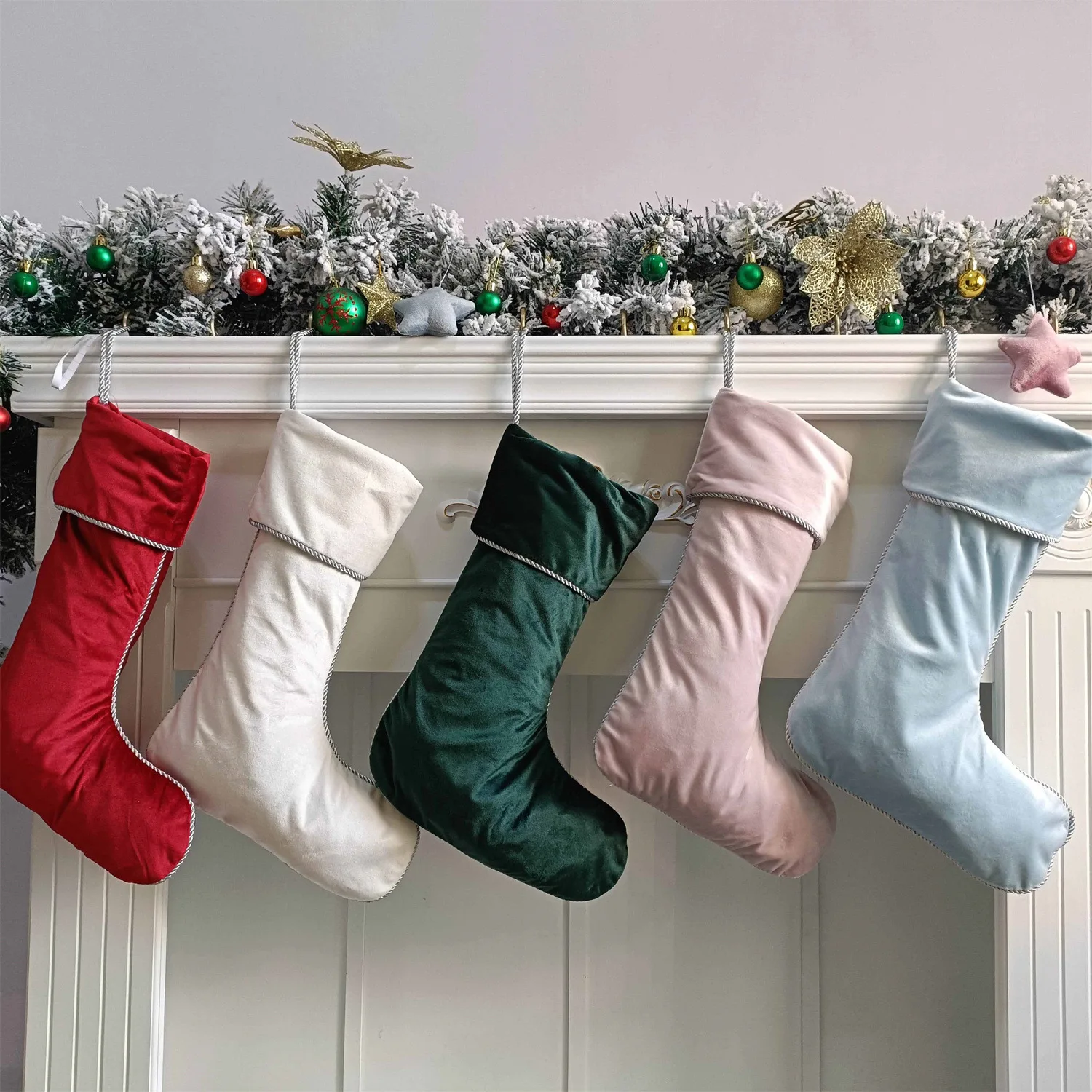 40cm velvet blank white red green socks Nordic-style silver-edged flannel christmas stocking solid color