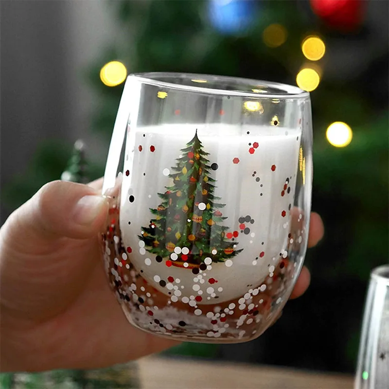 Factory wholesale hand blow new design christmas holiday double wall cup Printing Heat-resistant Flowing Sequins scented candles