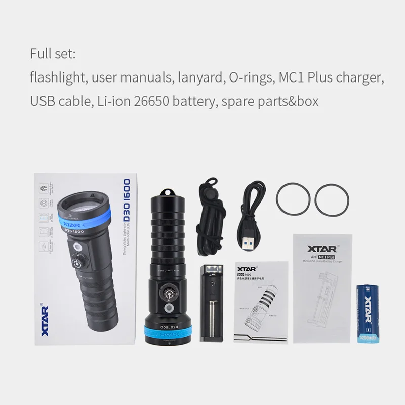 XTAR D30 Floodlight CRI 95+ Red Blue Light and UV Diving Lamp Light 1600lm Scuba Underwater Video Photo Torc