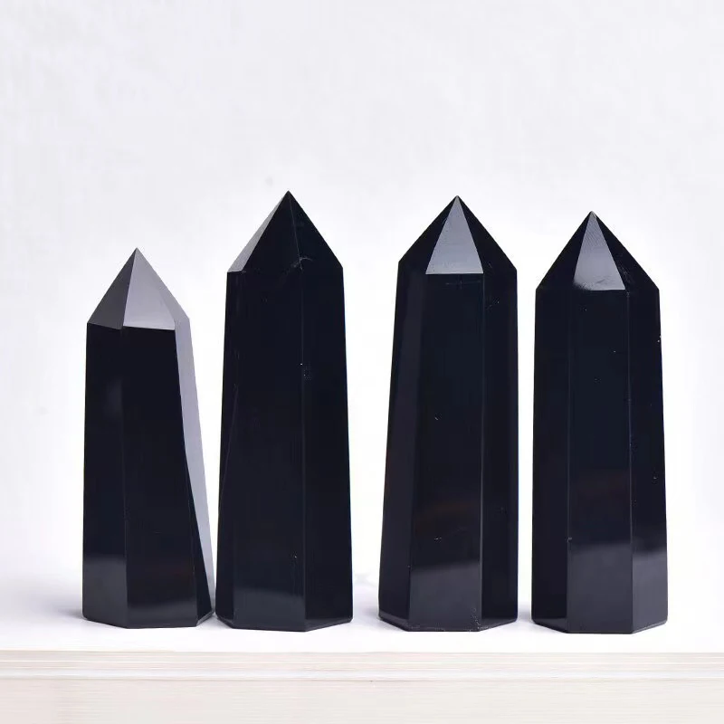 Wholesale Natural Quartz Healing Black Obsidian Stone Point Tower Crystal Wand For Home Decoration