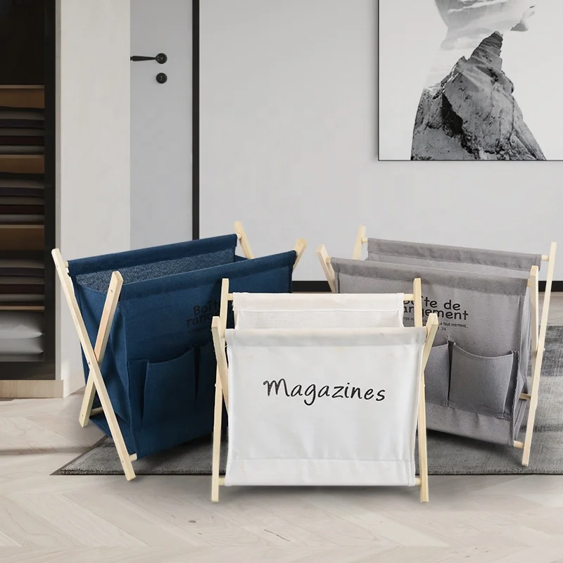 Folding Free Stand Wood Newspaper and Magazine Rack Colorful Fabric Hall Display Wood Book Magazine Storage Foldable Rack