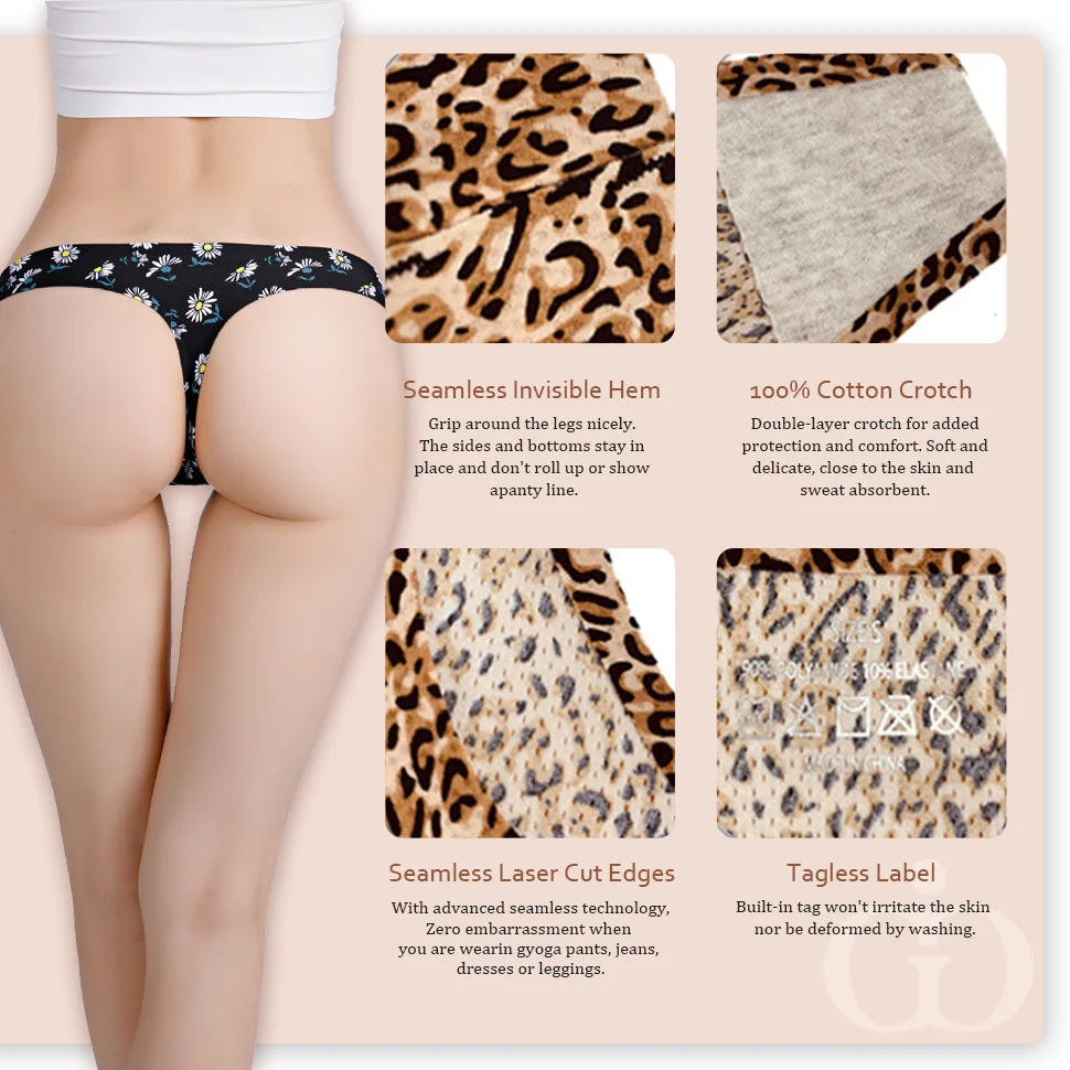 Custom Print Seamless Thongs Floral Leopard Ice Silk Traceless No Show One Piece Women Bonded Tangas Underwear Seamless Panties