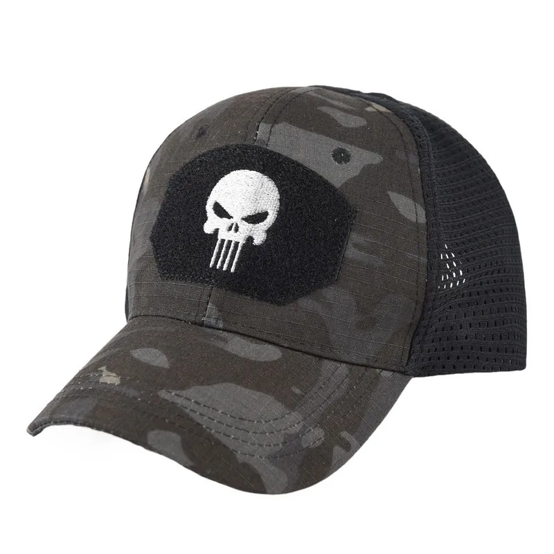 Unisex Skull Embroidered Top with Patch Breathable Baseball Caps Outdoor Casual Hat Sunscreen Sports Camo Mesh Trucker Hat