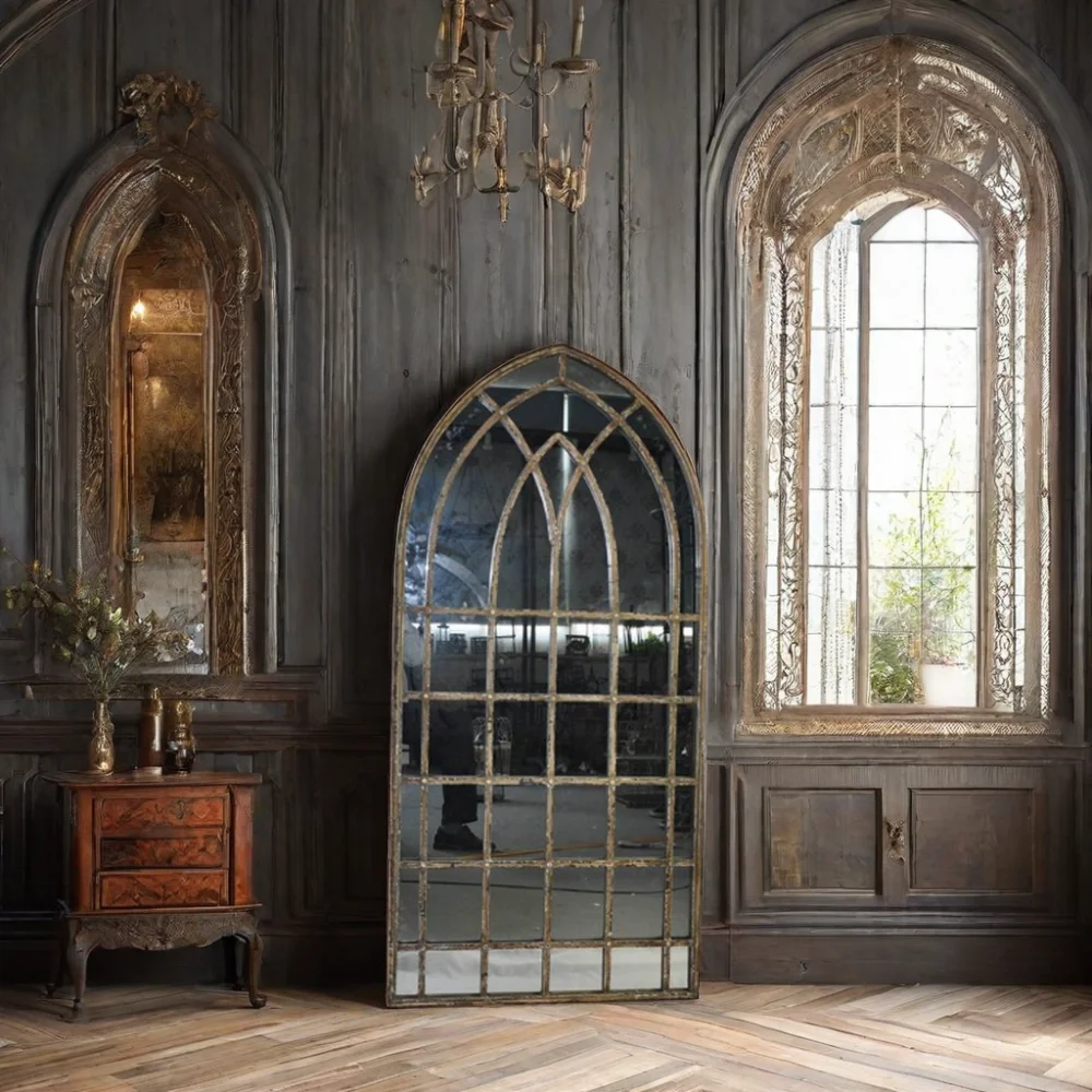 Wholesale Vintage Shabby Chic Arch Window Mirror Large Rustic Framed Stand Mirror for Home Decor Iron and Wood Frame