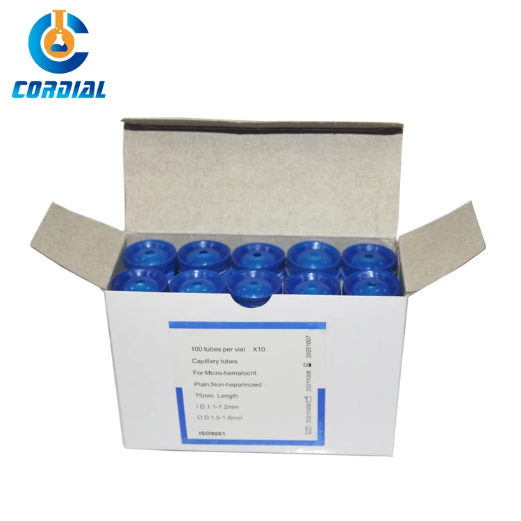 1292B Non-heparinized capillary tube, blue, L=75mm,  Packed in plastic vial, 100pcs/vial