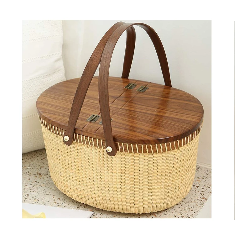 KINGWILLOW High Quality Rattan Picnic Basket Shopping basket Picnic Bread Basket with brown lid wooden cover
