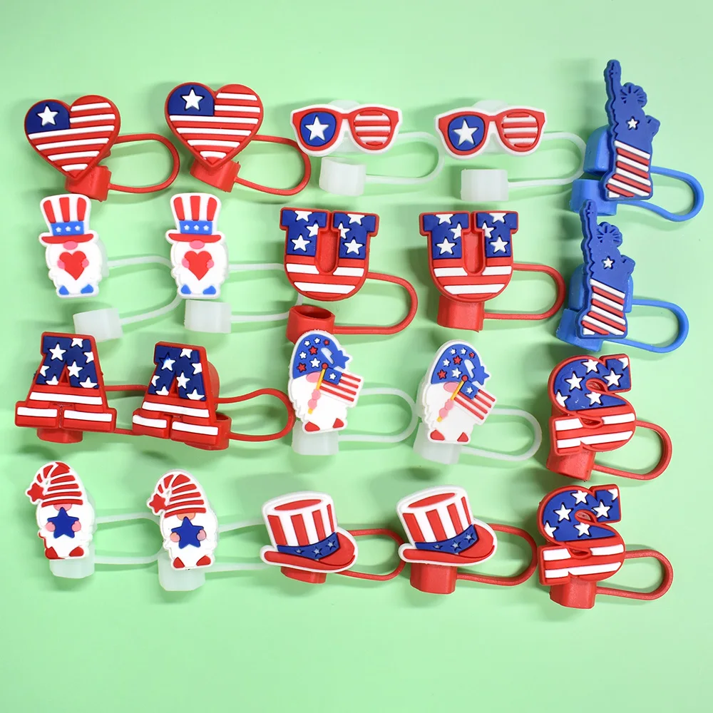 Wholesale Bulk 10mm American Flag Pvc Rubber Straw Topper Fashion Heart Star Usa Flag Straw Topper Charm For Tumblers