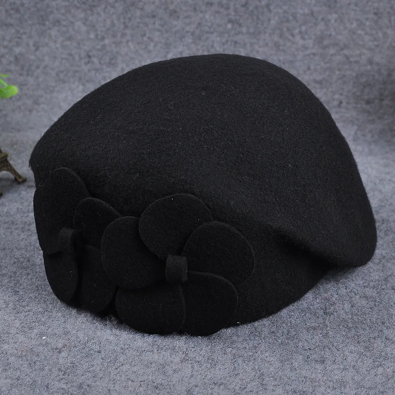 2022 Wholesale Autumn Winter Hat Ladies Elegant Double Flower Wool Beret Floral Dress Pillbox Fascinator Beanie Hat