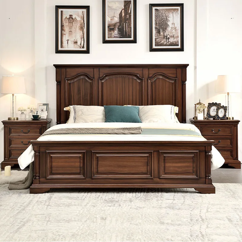 Factory direct sale American Style Solid Wood Bed with nightstand bedroom set OEM Welcomed Genuine Leather Bedroom Set