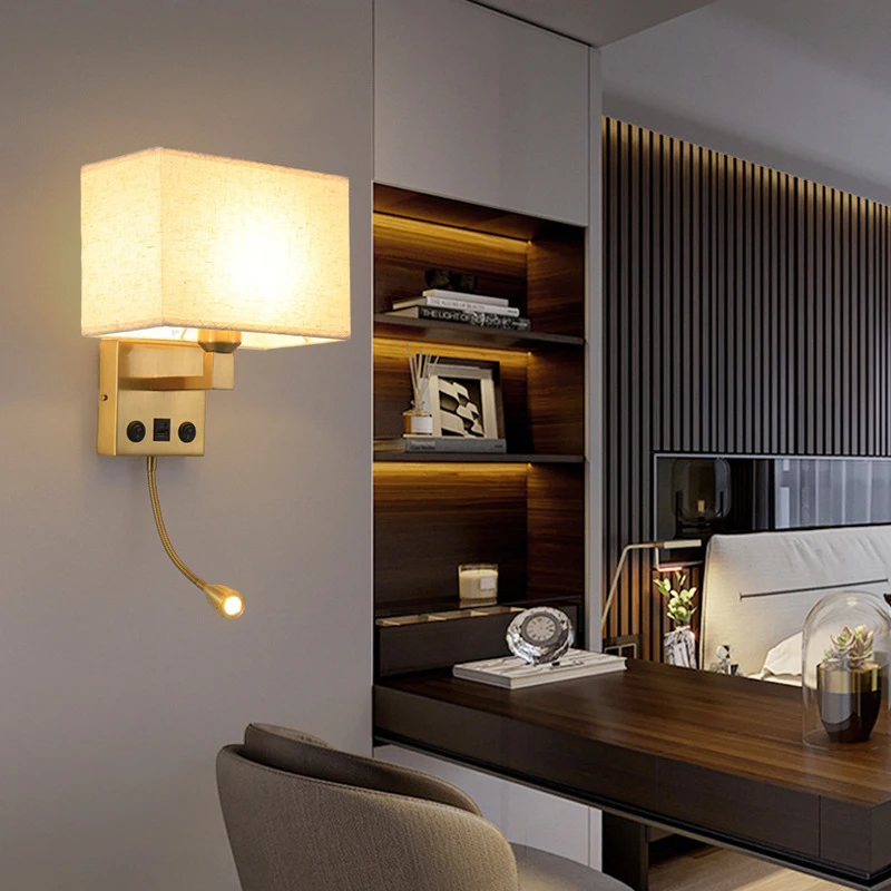 Modern Creative simple Hotel bedside wall lamp On-Off keys spot light usb charging bedroom round Fabric cover light