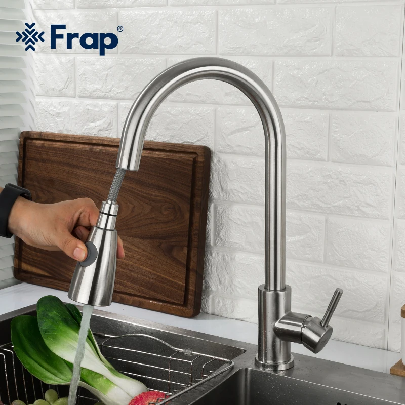 Frap New removable kitchen sink faucet with pull out sprayer SUS304 Satin kitchen shower faucet F60899-1