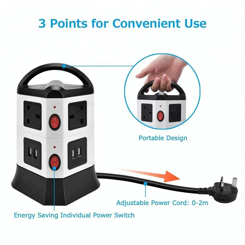 UK Tower Power Strip 6 Gang 4 USB Ports Vertical Socket Outlets Surge Protector With Overload Protection Individual Switch