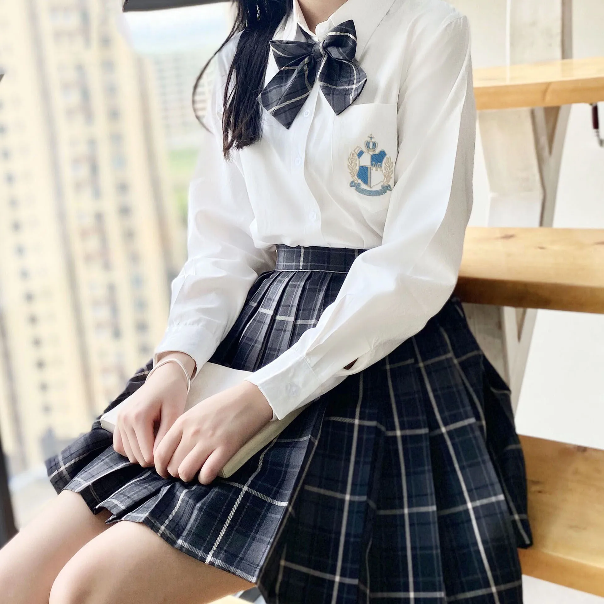 Designer Japanese Korean Style Middle School Student High Waist Plaid Pleated Casual JK Uniform Skirt Clothes Set Suit