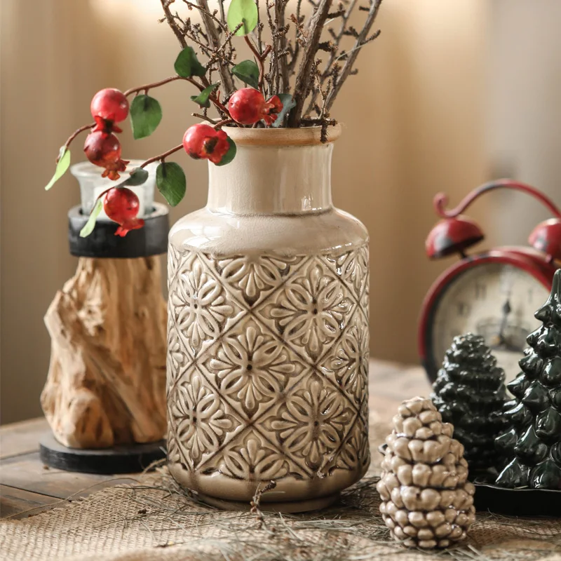 
Embossed pattern retro vase ornaments home accessories American ceramic floral high and low models 