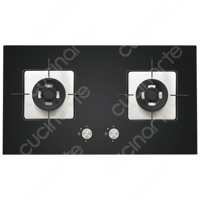 Cucinarte GF275K802 Two Triple Ring 4.8 KW Battery Auto Ignition Tempered Glass Built-in Gas Hob Cooktop 2 Burners LPG