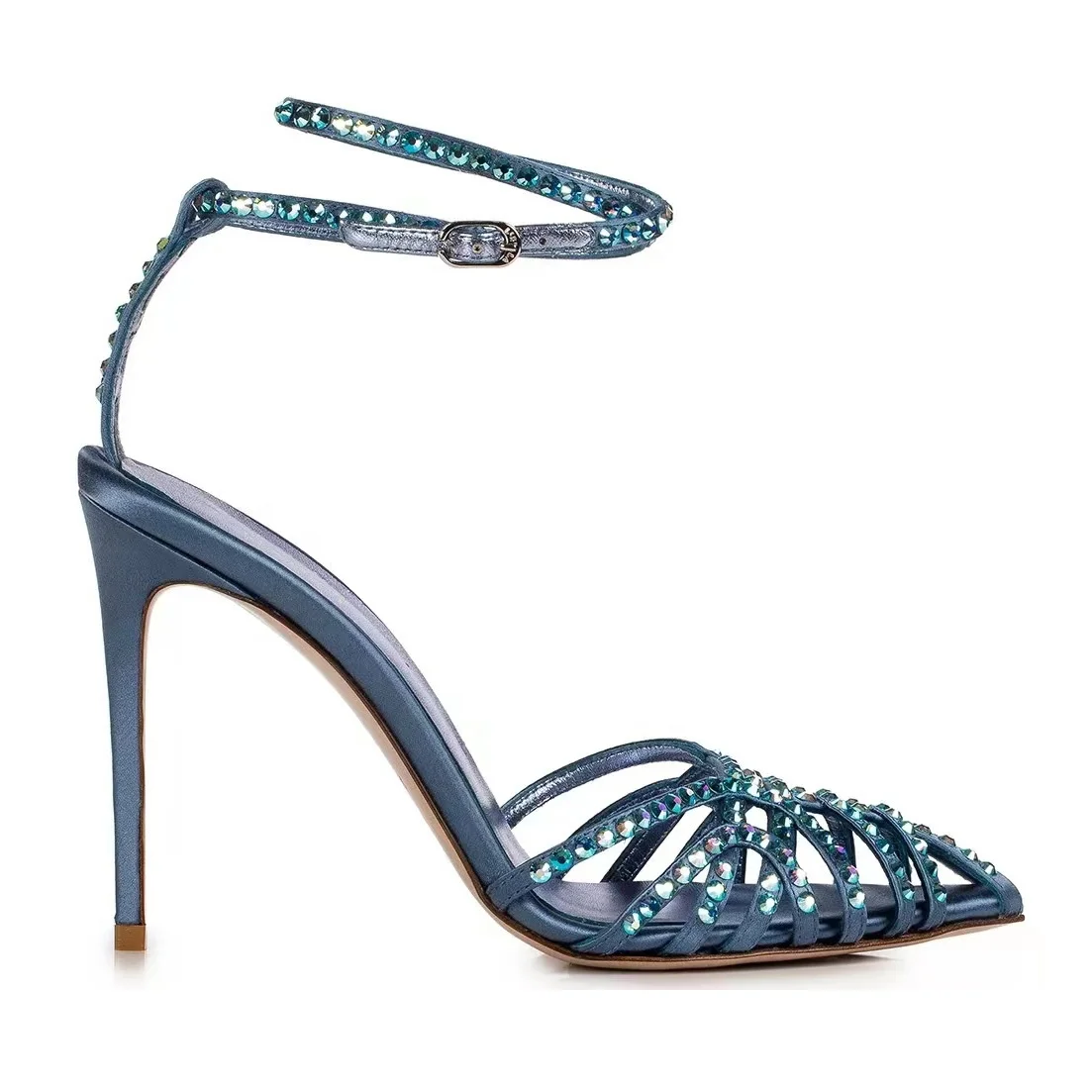 Ladies sandals summer blue satin ladies pumps 2022 sexy diamond pointed toe ankle strap heeled sandals