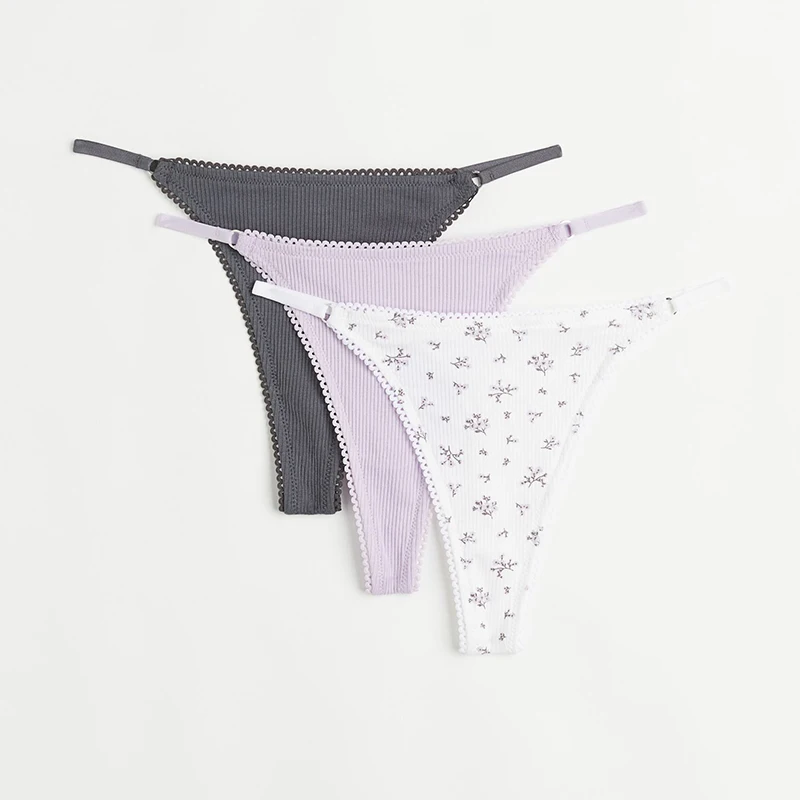 New Design Sexy Narrow Strap Regular Waist Floral Print Lace Trim Cotton Jersey Thong Briefs For Women