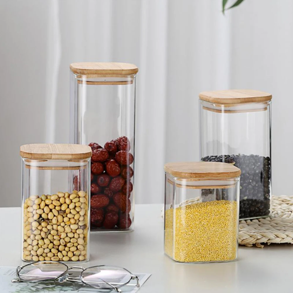 810 ML Large Size Square Shape Airtight Storage Jar with Bamboo Lid + Silicone Ring Glass Container Jar
