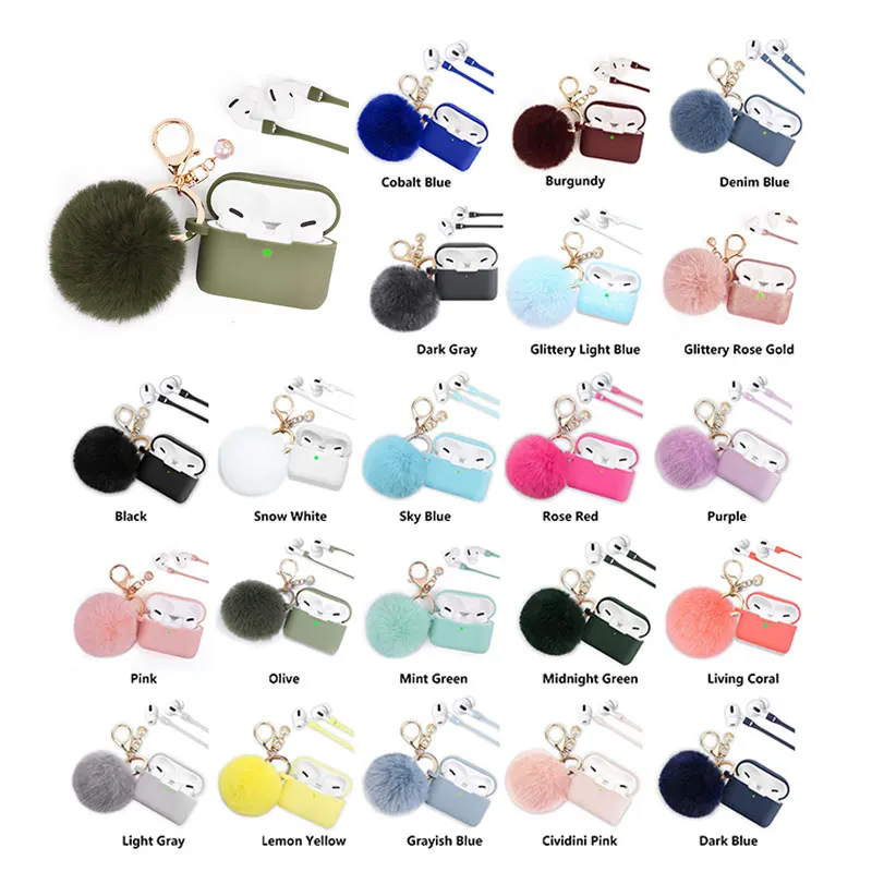 Various colors Silicone Charging Case Cover with Fur Ball Pompom Ball Keychain Compatible with Apple Airpod 2/1