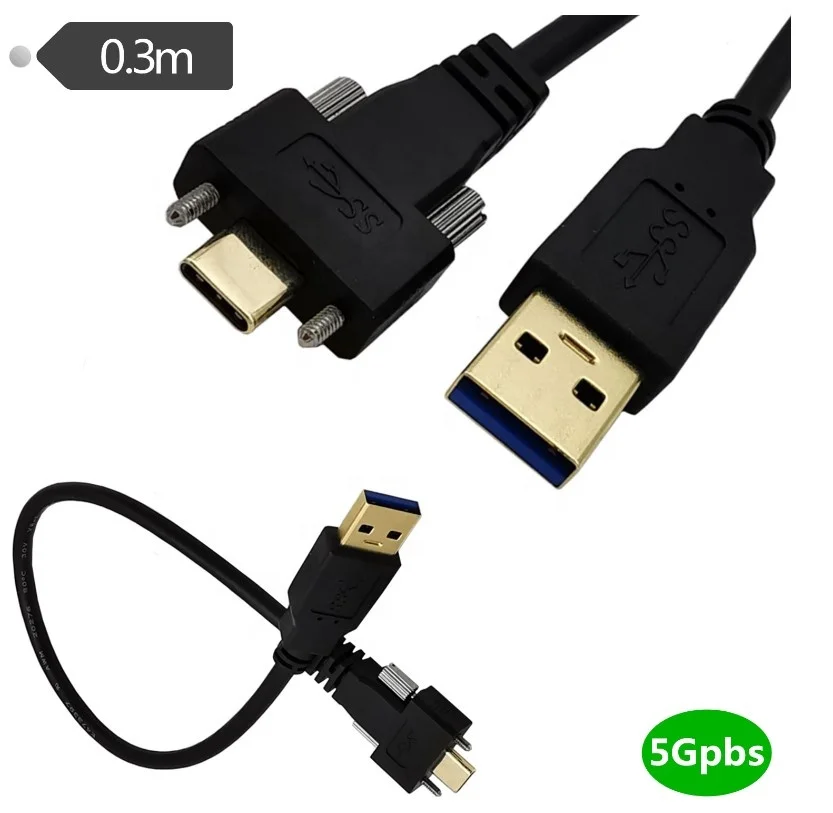Gold Plated Panel Mount USB 3.1Type C Male to USB 3.0 Male Screw Locking Data Cable