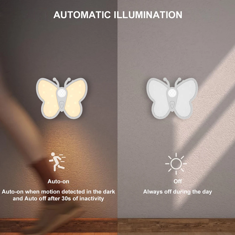 2Pack Energy Saving Motion Sensor Butterfly Under Kitchen Cabinet Led Light Wireless Rechargeable Bedroom Step Night Lights