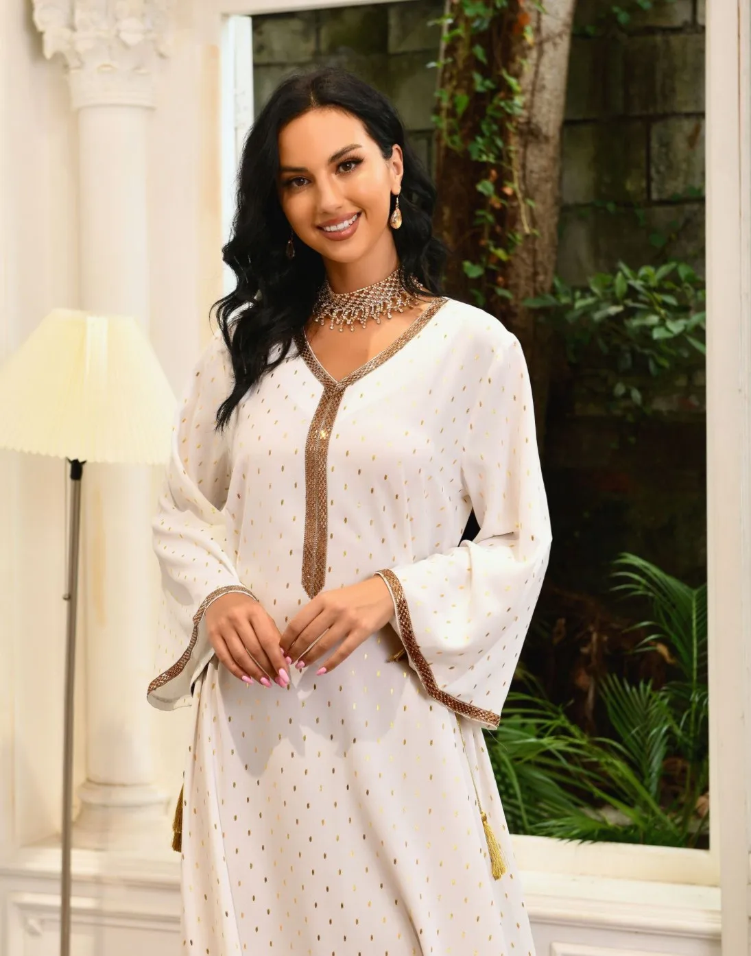 Fall 2022 women clothes lady maxi gown white green red Arabic gold blocking diamonds fancy dubai abaya Muslim women dress