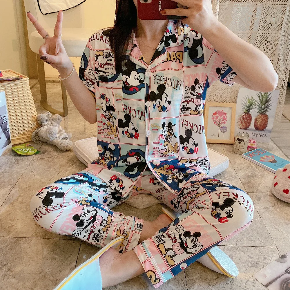 Костюм женский с коротким рукавом, Свободная Домашняя одежда с мультяшным принтом, пуловер для отдыха, пижама с мультяшным рисунком, одежда для сна, весна-осень