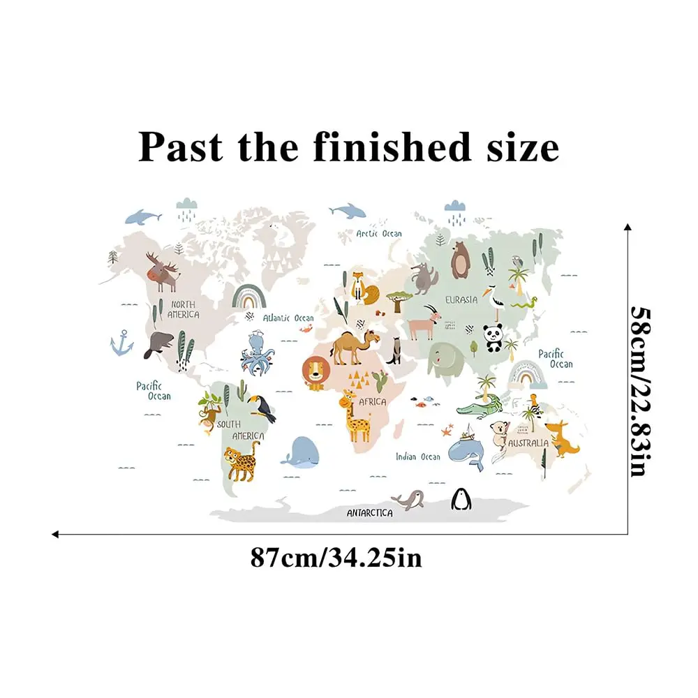 Animal World Map Wall Stickers Cartoon Lion Bear Travel Wall Decals Baby Kids Bedroom Nursery Toddler Room Wall Sticker Decor