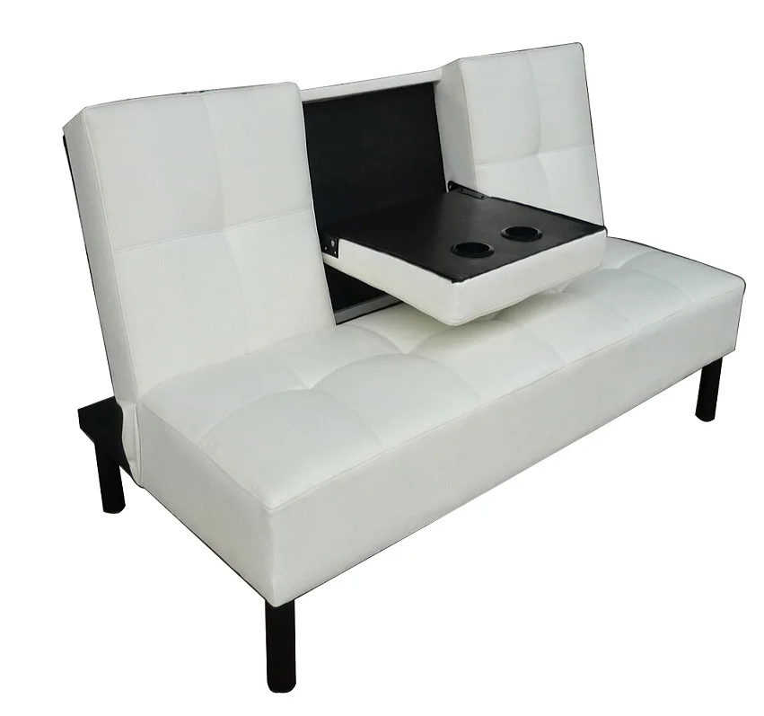 Modern 3-Seater Leather Sleeper Sofa Bed Click Clack Design with Cup Table Extendable Fold down Feature Bedroom Apartment Use