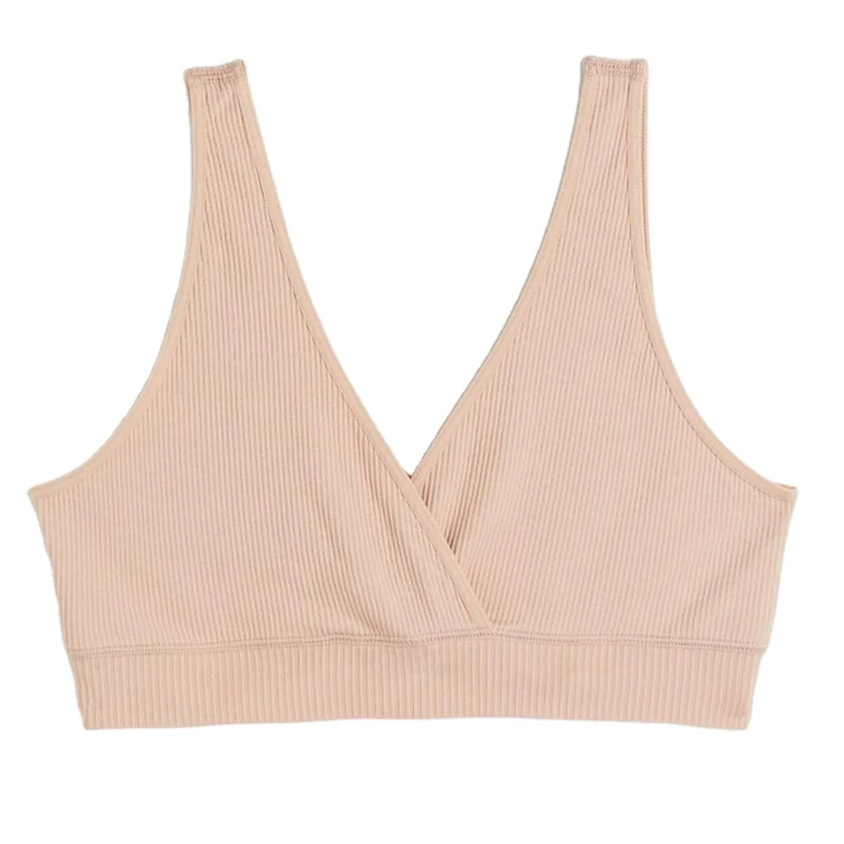 Fashion recycled nylon seamless RIB knit comfy soft easy nursing breastfeeding sleep bra wide straps lined cups no fasteners