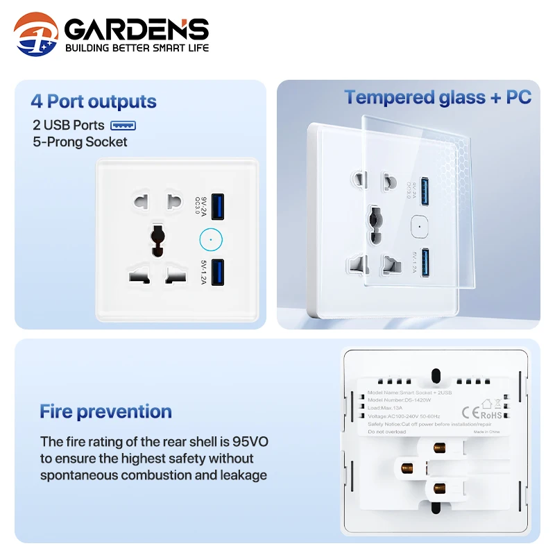 Garden Packing Customaizaed Tuya Smart Wifi Socket Plug EU Standard Dual USB Port Universal With WIFI 5 Holes Glass Panel