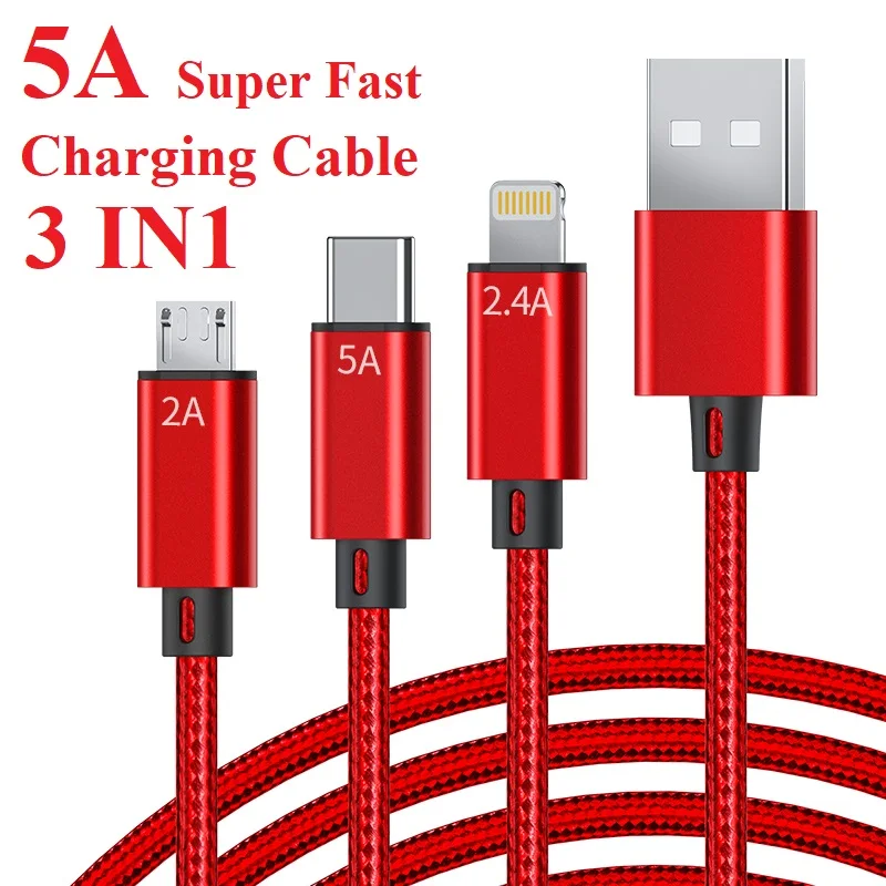 
3B2A 5A Fast Charging Usb Cable Nylon Braided Mobile Cell Smart Phone Charger Flexible Cable 3 In 1 For iPhone Type C Android 