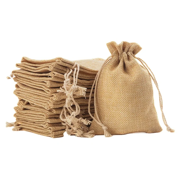 
Cheap party favor presents burlap jewelry pouches small jute drawstring bag 