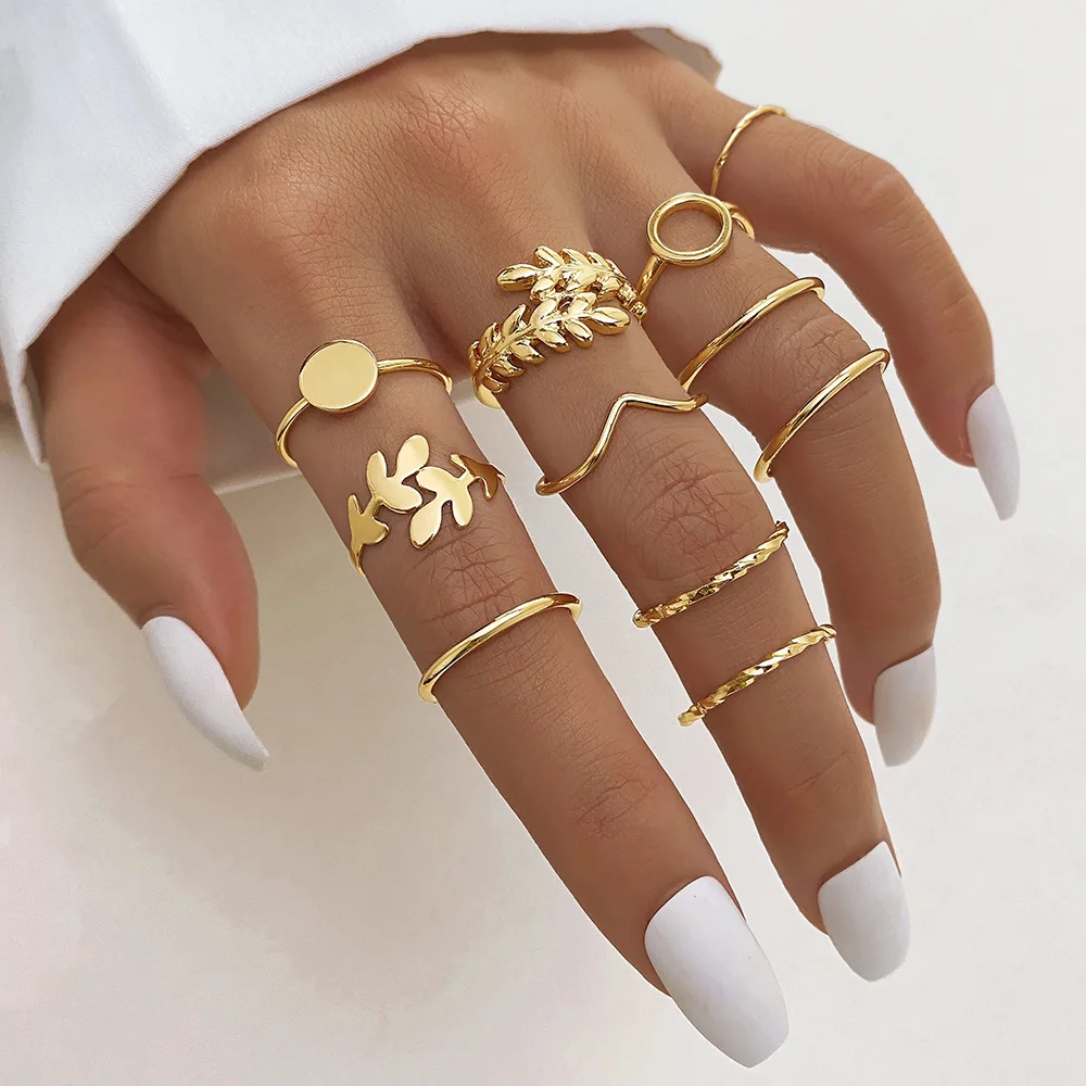 23pcs/set Creative Design Women Ladies Pearl Sun Moon Stainless Steel Stackable Gold Plated Diamond Cross Leaf Ring Set