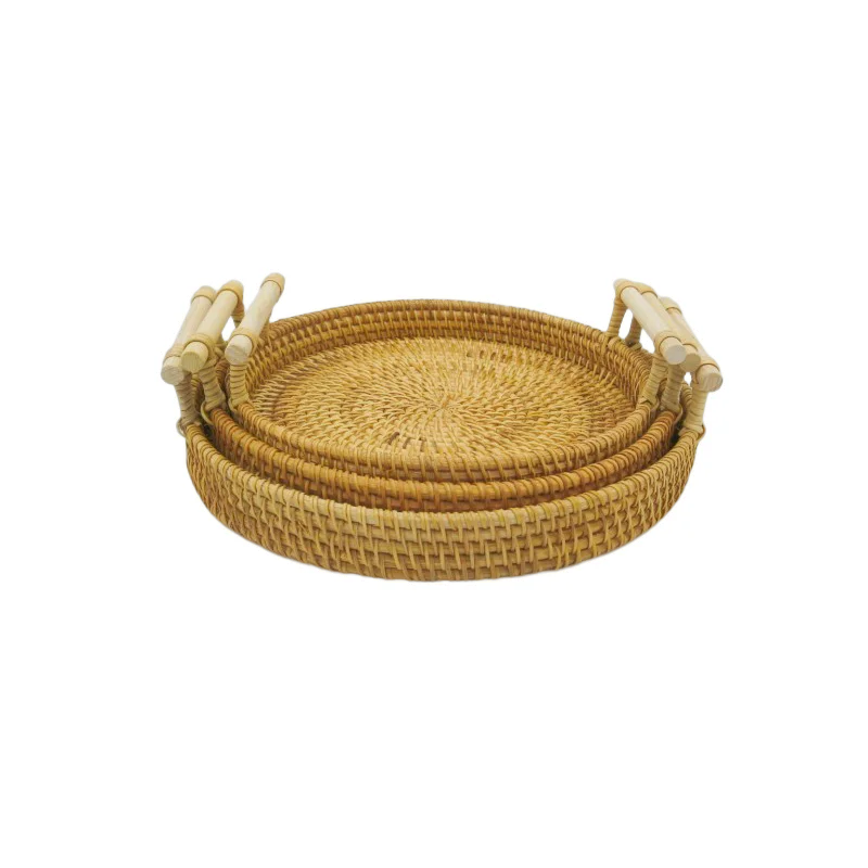 Wholesale Custom Handwoven Rattan Tray Wicker Basket Bread Fruit Woven Rattan Round Storage Basket