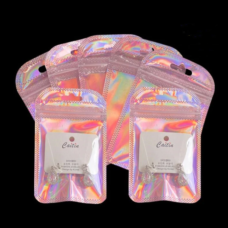 Wholesale Waterproof Small Mini Holographic Laser Pvc Zipper Ziplock Jewelry Cosmetic Flat Pouch Packaging Plastic Clear Bag