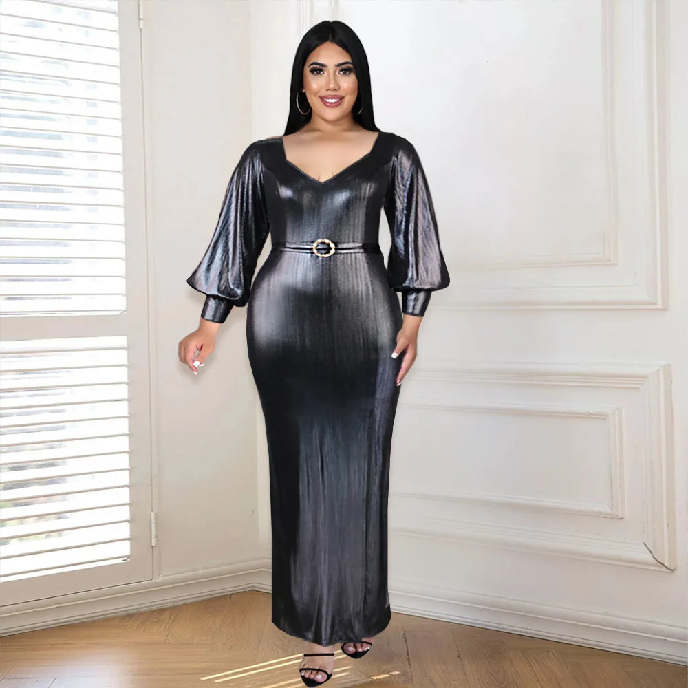 Womens Elegant Shinning Wire Lantern Sleeve Belt Party Dress High Waist Slim Maxi Club Evening Dresses