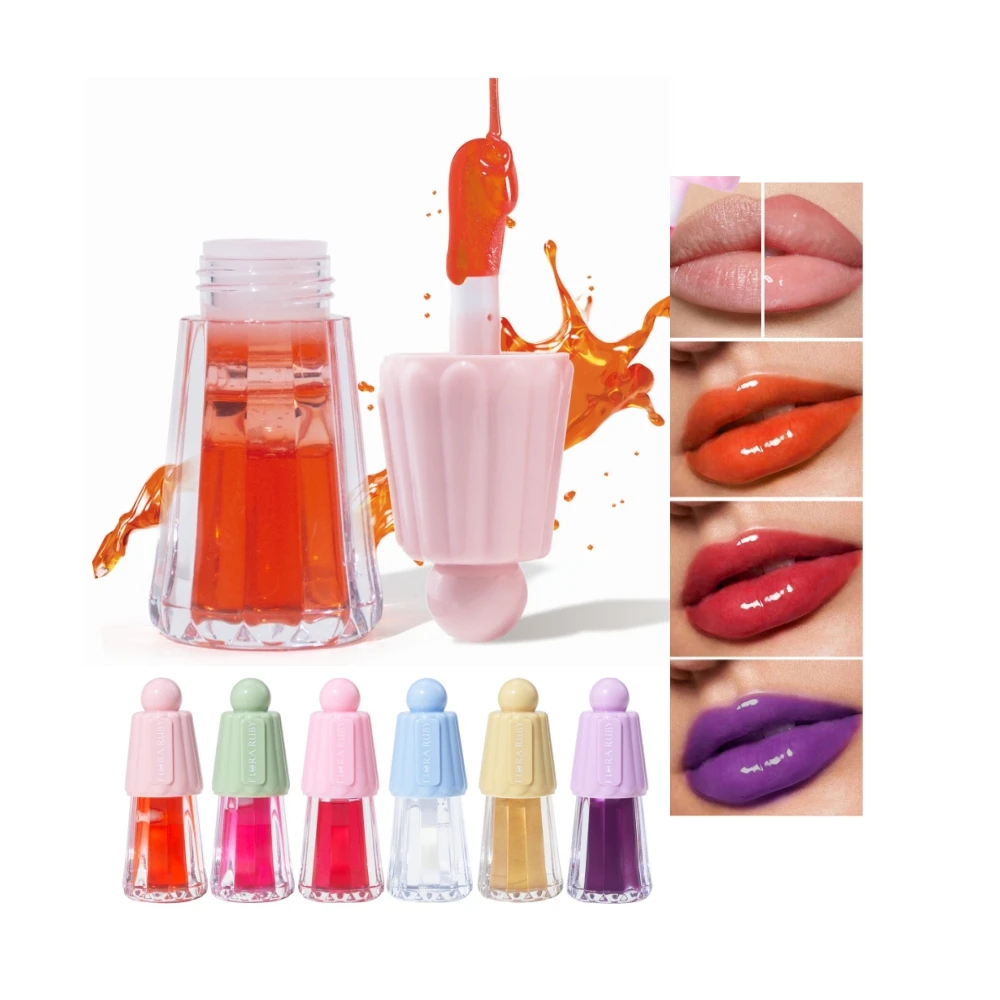 Flora Ruby korean private label cute gold tinted clear waterproof plumping fat gloss lip glow balm oil plump lip gloss stain