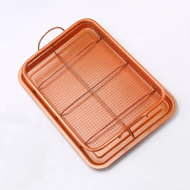 High Quality Copper Crisper Tray Non Stick Cookie Sheet Tray And Air Fry Mesh Basket Set