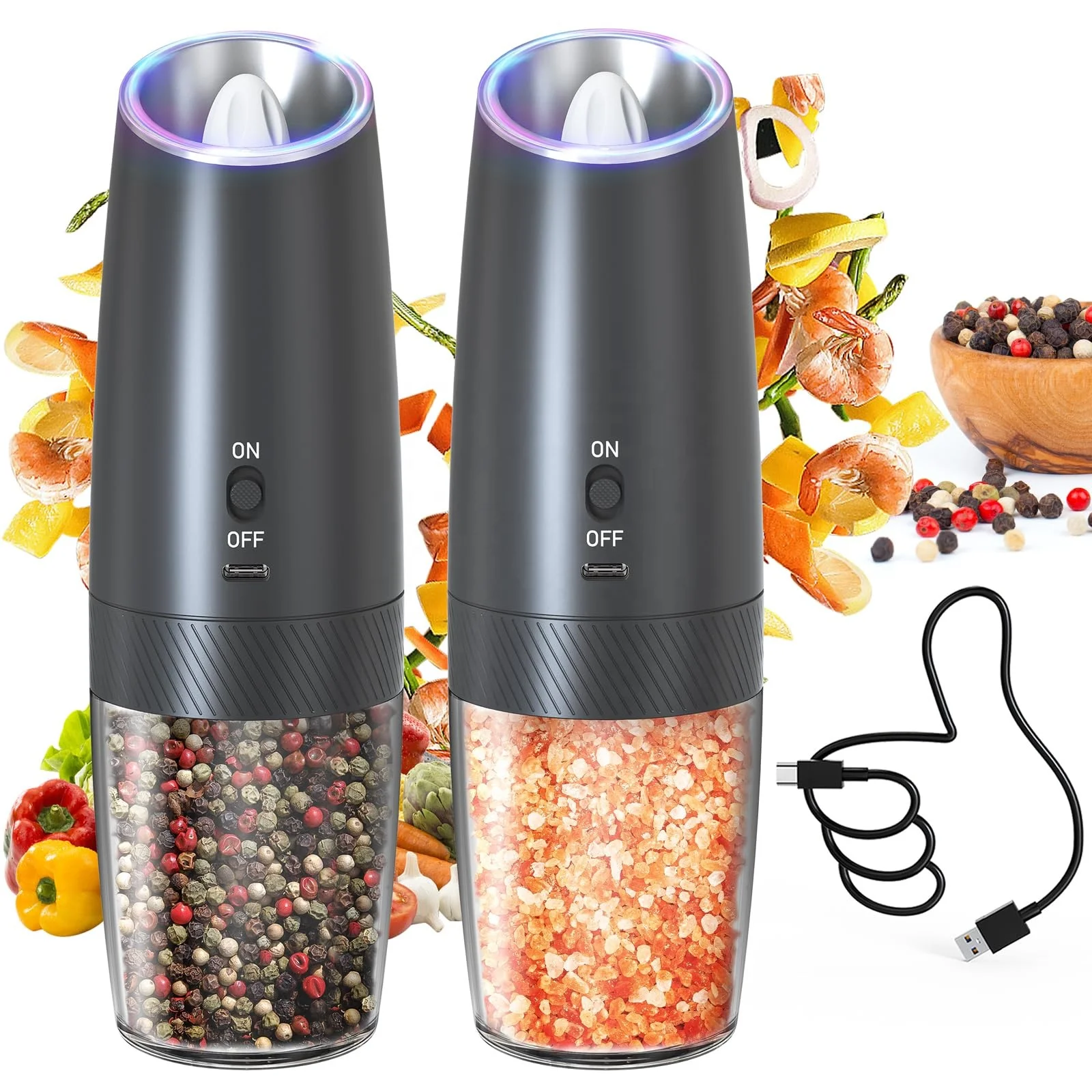 smart kitchen tools black usb rechargeable gravity electric automatic mill  salt and pepper grinder combo set by with storage