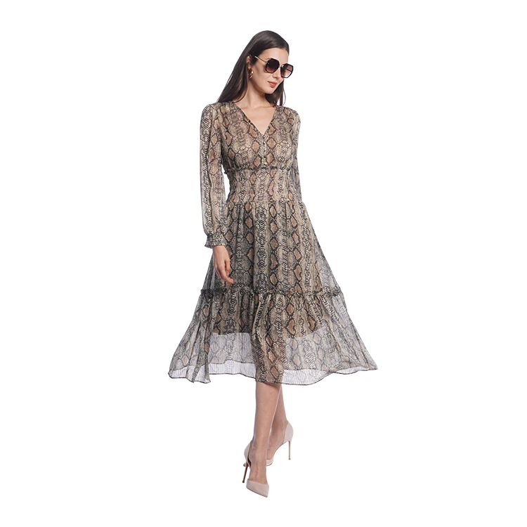 
Urban exotic resort summer dress women v neck bodycon dresses boho shell-polyester georgette snakeskin print 