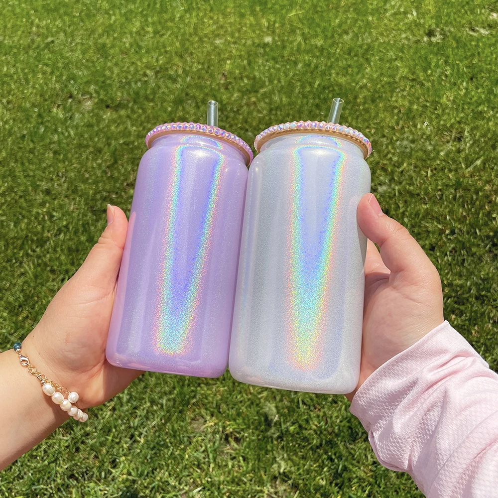 Wholesale Bulk 16oz blue pink white silver purple Shimmer Glitter Glass Can blank sublimation glass cup with bling lids