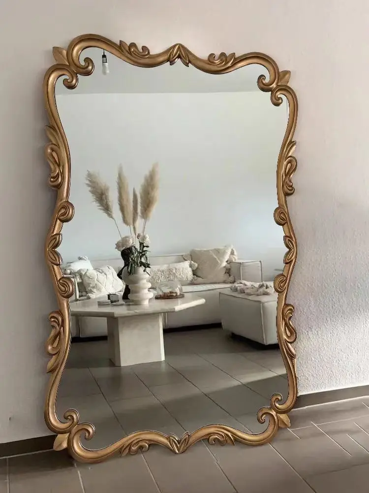 French Vintage European Style Fitting Mirror Full Body Dressing Mirror Arched Carved Home Bedroom Wall Mounted Floor Mirror